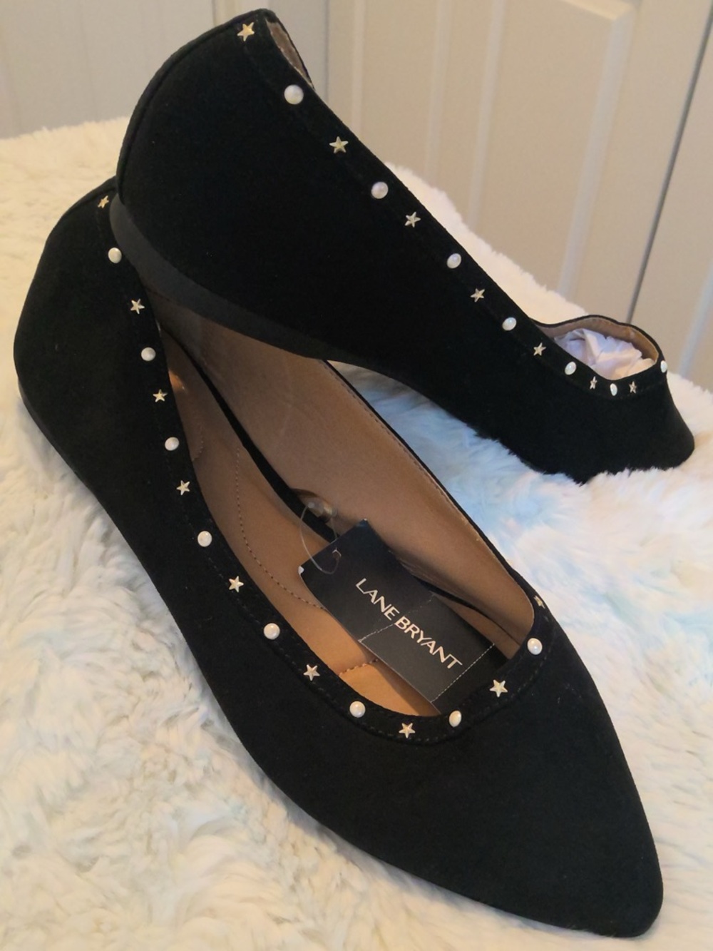 Lane Bryant Black Pointed-Toe Flats Pearl & Star Studded Size 10W NWT